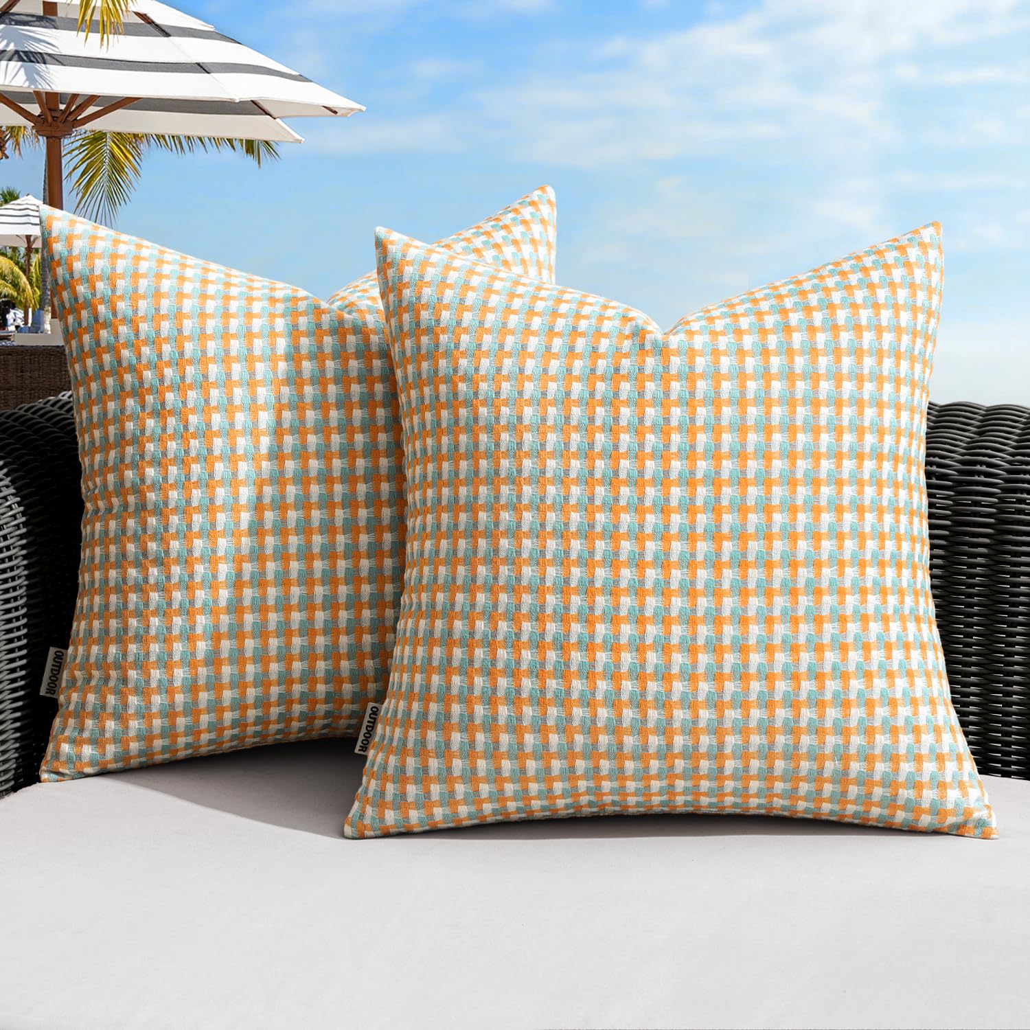 Photo 1 of MIULEE Pack of 2 Outdoor Throw Pillow Covers Decorative Farmhouse Square Waterproof Pillows for Tent Patio Garden Balcony Sofa, 16x16 Inch Orange Green