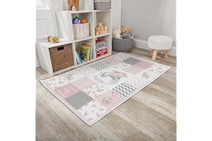 HawSkgFub Baby Toddler Girl Sleeping Elephant Dream Big Little One Playroom Area Rug, Pink Gray Flower Star Cloud Non Slip Nursery Play Mat Carpet, Kids Bedroom Living Room Classroom Decor