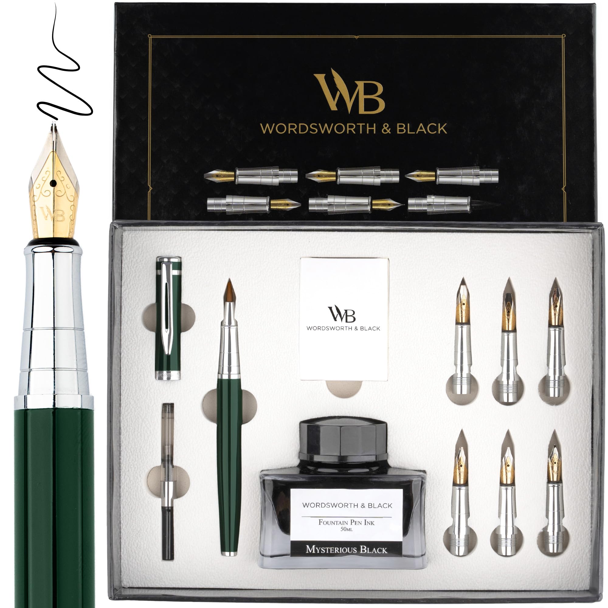Wordsworth & Black Calligraphy Pen Gift Set, Includes Ink Bottle, 6 Ink Cartridges, A Refill Converter, 6 Replacement Nibs, Journaling, Smooth Writing Pens [Green Chrome]