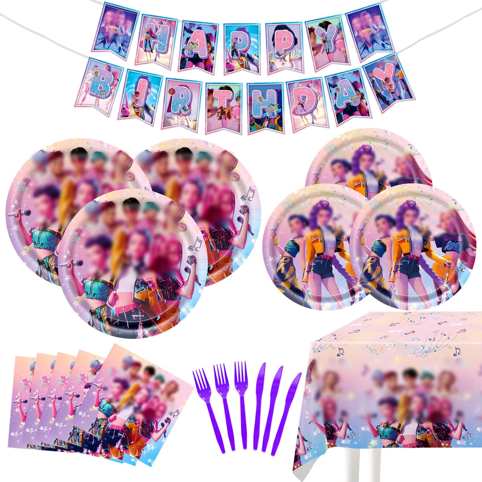 Photo 1 of 116 PCS Kpop Party Supplies Set, K Pop Birthday Demon Decorations Tableware Kit With 40 Plates 20 Napkins 20 Knives 20 Forks 15 Pennants 1 Tablecover for Boys Girls Hunters Theme Serves 20 Guests