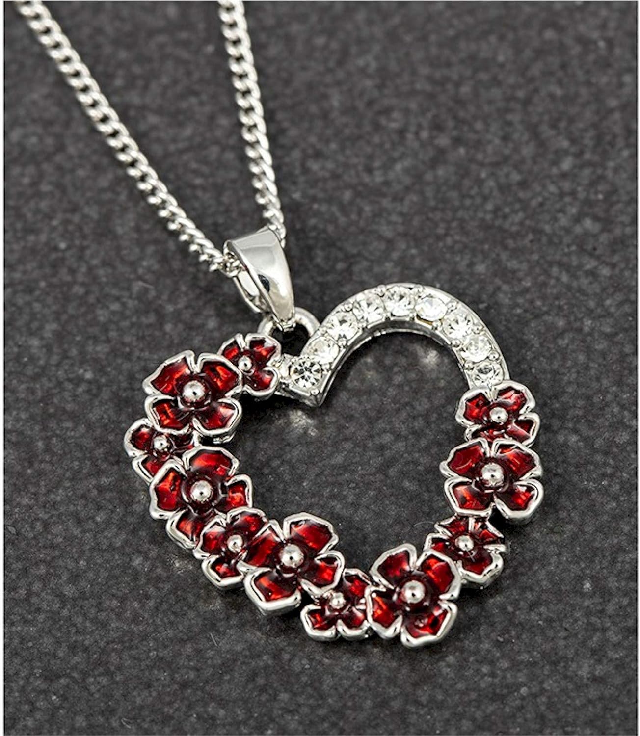 Silver Plated Red Poppy and Diamante Heart Necklace Amazon.co.uk