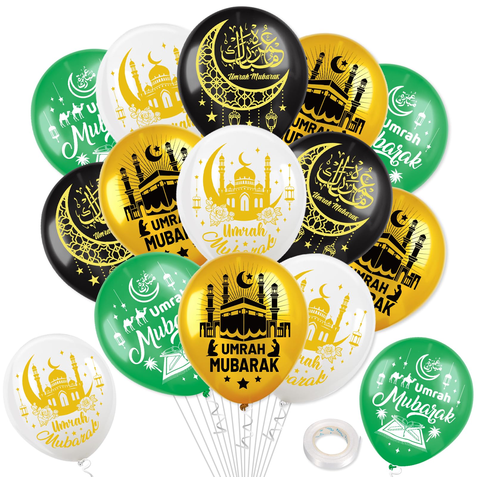 DPKOW 24pcs Balloons Umrah Mubarak Decorations, Latex Balloons for Islamic Muslim Umrah Mubarak Home Decorations عمرة مبارك Balloon, 4 Styles