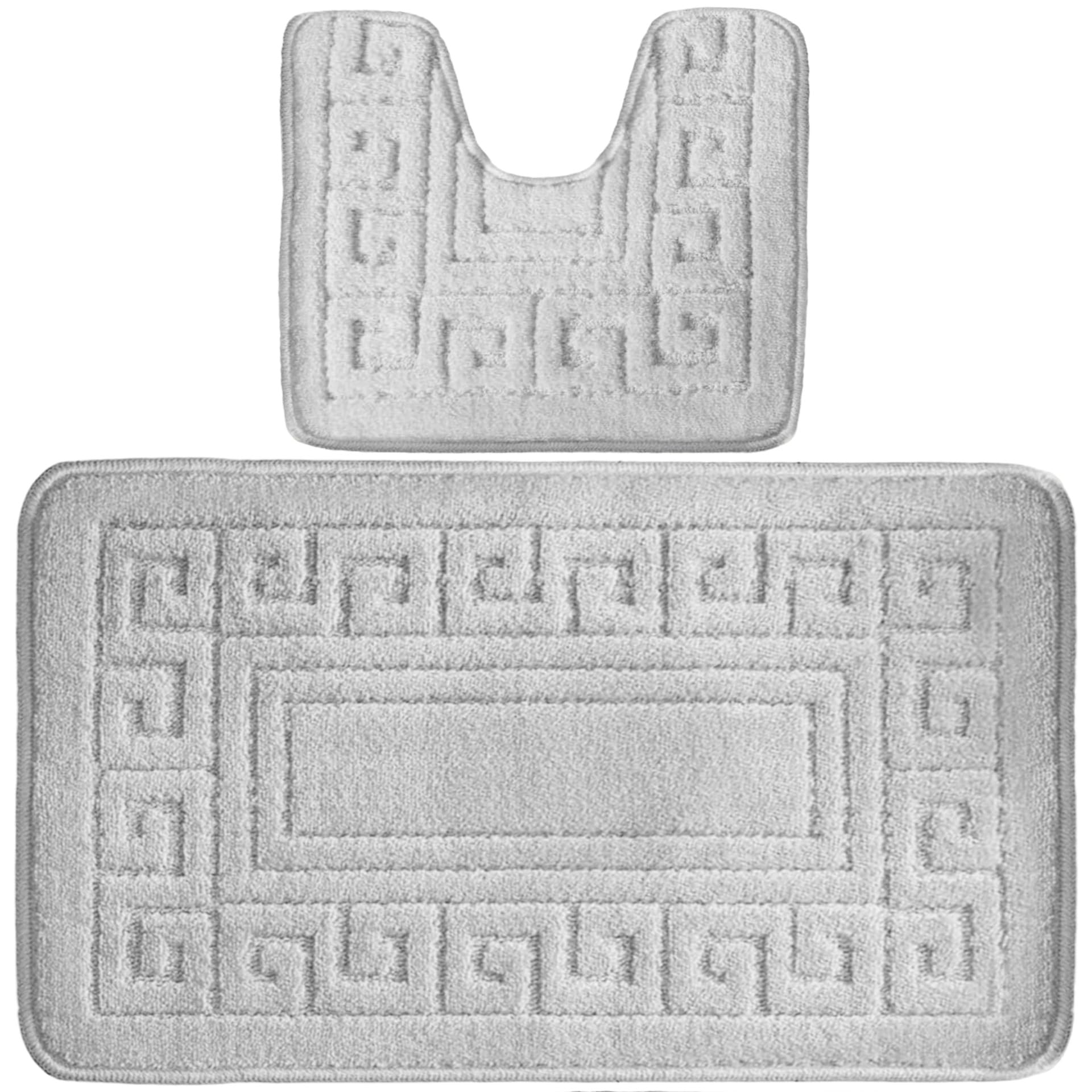 4All Bath Mat Sets 2 Piece Washable 50x80cm – Greek Pattern Toilet Mat and Pedestal Mat Set, Soft and Quick-Dry with Non-Slip Backing, Machine Washable and Moisture-Resistant(Grey/Silver)