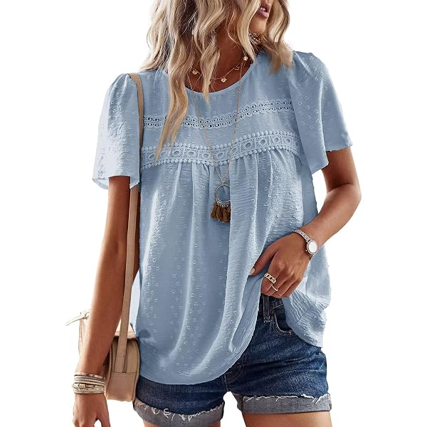 FEEKEKE Women's Chiffon Blouse - Polka Dot V-Neck Short Sleeve Casual Top, Loose Fit - View #4