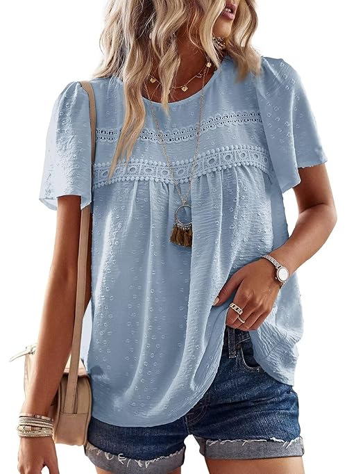 Falechay Blue Tops Chiffon Flowy Swiss Dots Blue Blouses for Women Cute Boho Pullover Round Neck Short Sleeve Loose 2025 XL