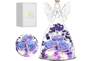 Tiaronics Christmas Rose Gifts for Women Preserved Real Flower in Glass Angel Figurines Roses for Delivery Prime Birthday Gifts for Mom Grandma Girlfriend Wife Her, BluePurple