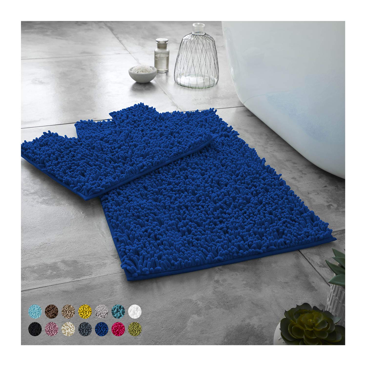 Lions Luxury 2 Piece Loop Bath Mats for Bathroom - Non Slip Chenille Bath Mat Set Rugs, Extra Soft with Water Absorbent Pedestal Bathmat Shower Toilet Mat, Royal Blue