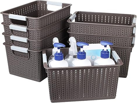 ASelected 8Pack Thick Plastic Storage Basket with Handle, 10.5”x7.3”x5.5” Bathroom Open Storage Bin, Portable Weave Organizer Basket, Small Storage Containers for Organizing Kitchen Cabinet Office