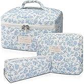 Gosect Makeup Bag, Large Quilted Cosmetic Bag, Big Floral Make Up Bag for Women Girls, Cute Cotton Makeup Bag Set, Flower Travel Toiletry Organizer Bag (Blue Flower)