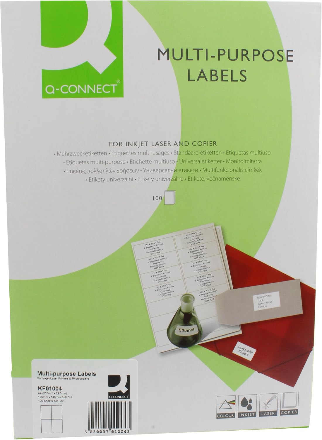 Q-Connect KF02246 Multifunction labels, 199.6 x 143.5 mm, 2 x A4 Sheet, white, pack of 100 &4 Label/A4 Sheet KF01004, 105 x 148 mm - White, Pack of 100 - Image 4