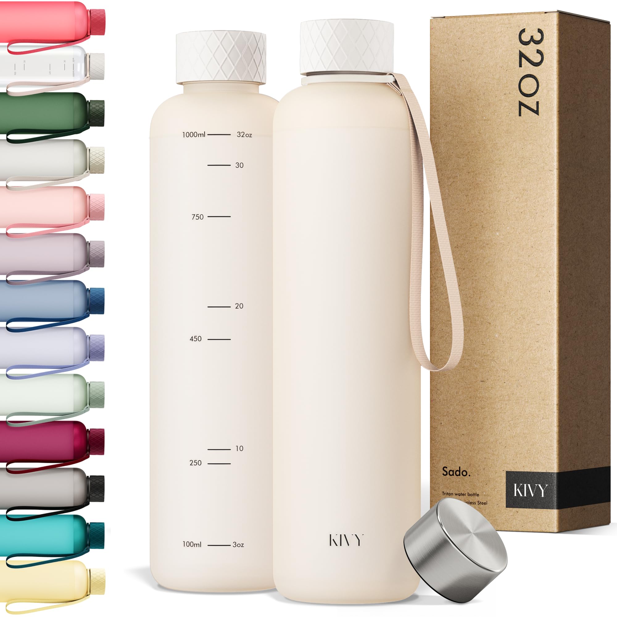 Photo 1 of KIVY Slim Water Bottle 32oz [Lightweight & Shatterproof] Fits Backpack & Cupholder for Travel, Sports, School - Beige water bottle no straw - Cute aesthetic water bottles screw top - Dishwasher Safe