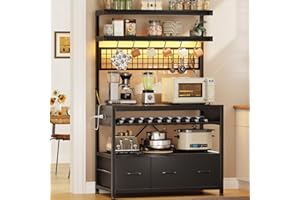 Itaar Bakers Rack with Storage Drawers, Microwave Stand with Power Outlet and LED Lights, 35.4 inch Coffee Bar Cabinet with Hutch, Wine Rack and Hooks for Kitchen, Living Room, Black