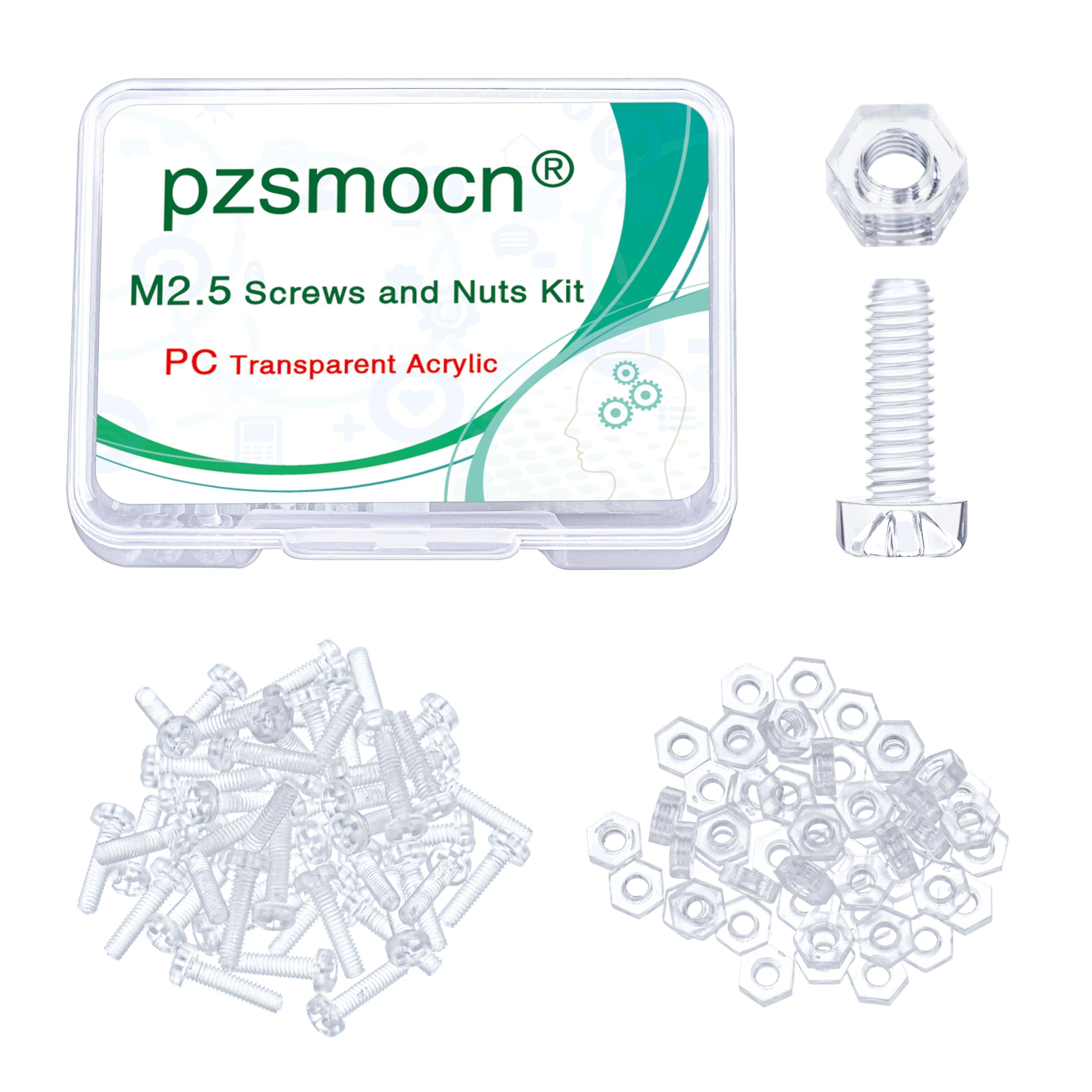 Pzsmocn 100 Pieces/50 Sets M2.5 * 10 mm PC Transparent Plastic Cross-recessed Round Head Screws and Hexagonal Nuts Kit, Corrosion-resistant, for DIY, Model and Electronic Product Fixation.