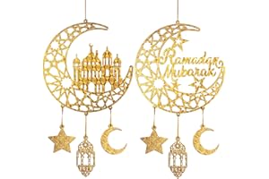 HINSLY 2 Pieces Eid Mubarak Door Sign Wooden Hanging Signs, Ramadan Kareem Hollow Ornament Decorations Moon and Stars, Moon Shape Ramadan Mubarak Party Wood Wall Hanger for Islamic Muslim Home Decor