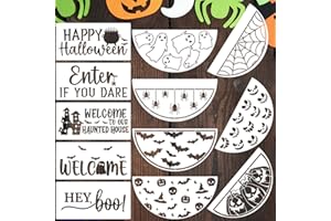 ZOSYLLEY Halloween Stencils for Painting on Wood 12” Halloween Stencil Hey Boo Ghost Face Pumpkin Bats Spider Templates for Door Hanger Porch Sign Doormat(Half Round Stencils 01/12p)