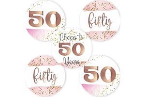 50th Birthday Stickers by Adore By Nat – 2 Inch Round Milestone Retirement and Anniversary Party Favor Labels in Rose Gold an