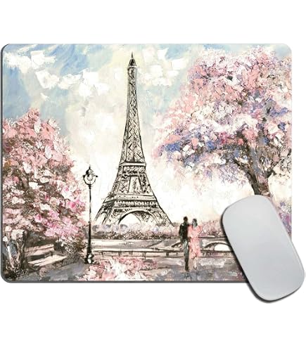 Ofloral Eiffel Tower Gaming Mouse Pad Paris Gentle City France Gray Oil Paint Pink Rose Flowers Decorative Mousepad Rubber Base Home Decor For Computers Laptop Office Home 7 9 X 9 5 Inch