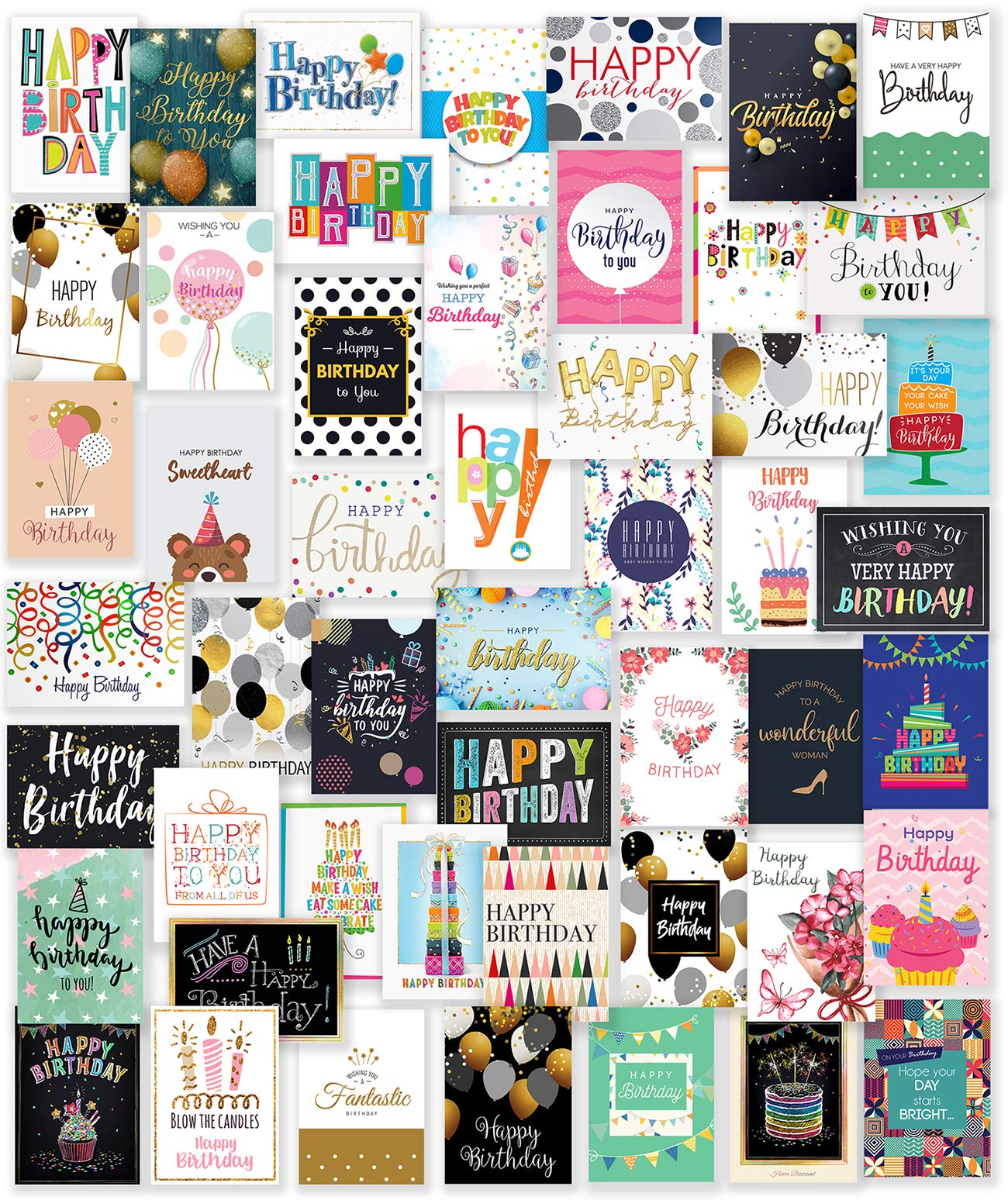 T&M Quality Designs LLC Unique Happy Birthday Cards Assortment 50 MultiPack with 25 White and 25 Brown Envelopes and Stickers Large Notes 5x7 Inch Multi pack, Blank Inside, For Men and Women
