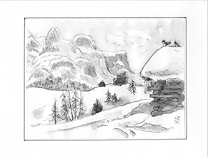 Arte Disegno A Penna Laviert Paesaggio Di Neve In Montagna Amazon It Casa E Cucina