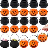 Lshfwn 24 Pcs Halloween Mini Candy Buckets,Portable Pumpkin Buckets with Handle,Plastic Witch Cauldrons for Halloween Party Favors,Home Décor,Trick or Treat Accessories
