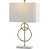 JONATHAN Y 26" Gold Leaf and White Marble Modern Circle LED Table Lamp, Glam Transitional Metal Desk Lamp for Living Room, Wh