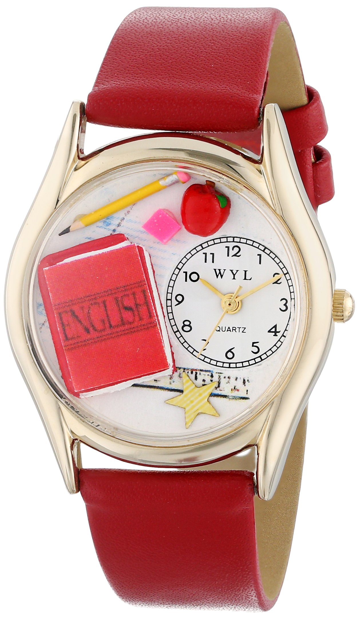 Whimsical Watches English Teacher Red Leather and Goldtone Unisex Quartz Watch with White Dial Analogue Display and Multicolour Leather Strap C-0640008
