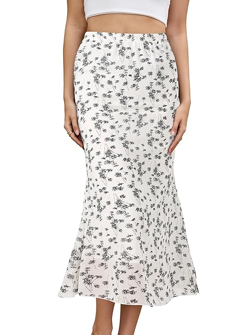 Gardenwed Women Summer Bohemian Ditsy Floral Skirt High Waist Casual Mermaid Midi Skirts White Black Floral S