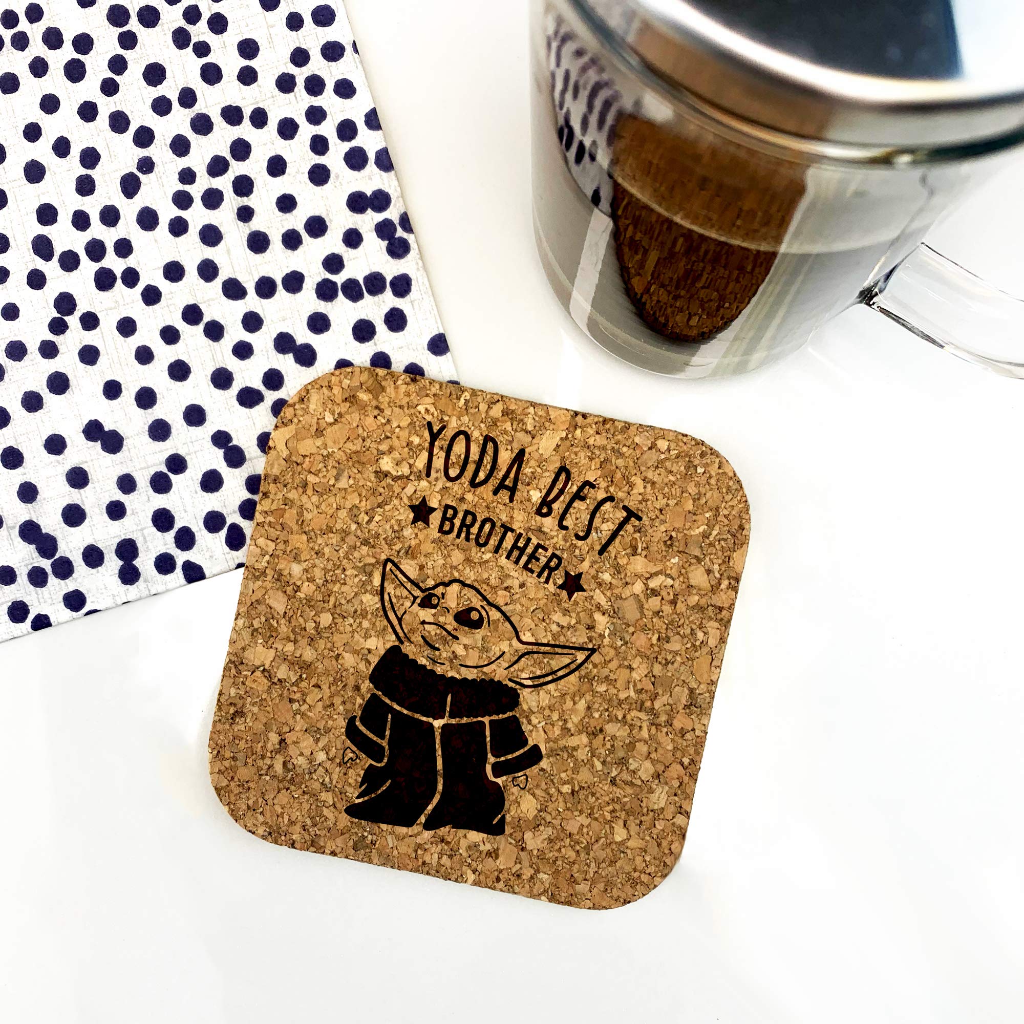 eBuyGB Personalised Square Cork Coaster, Eco-Friendly Engraved Baby Yoda Coaster, Star Wars Themed Drinks Mat, Funny Gifts from Sister, Brother (Yoda Best Brother)