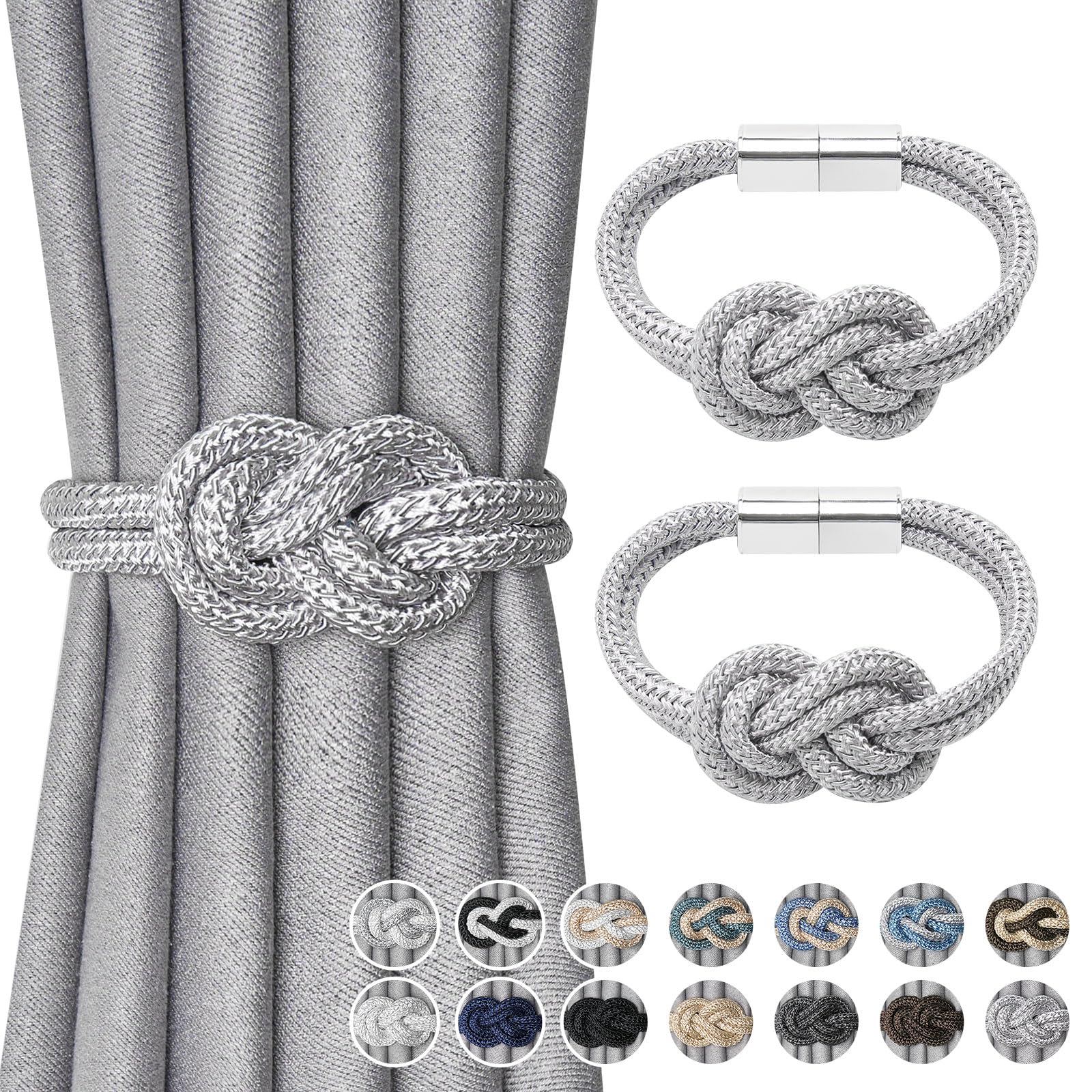 Pretty Jolly 2 Pack Mini Magnetic Curtain Tiebacks Nordic Simple Style Drape Tie Backs Elegant Hand Weave Rope Knot Decorative Curtain Holdbacks for Home & Office Window Drapery (Silver Grey)
