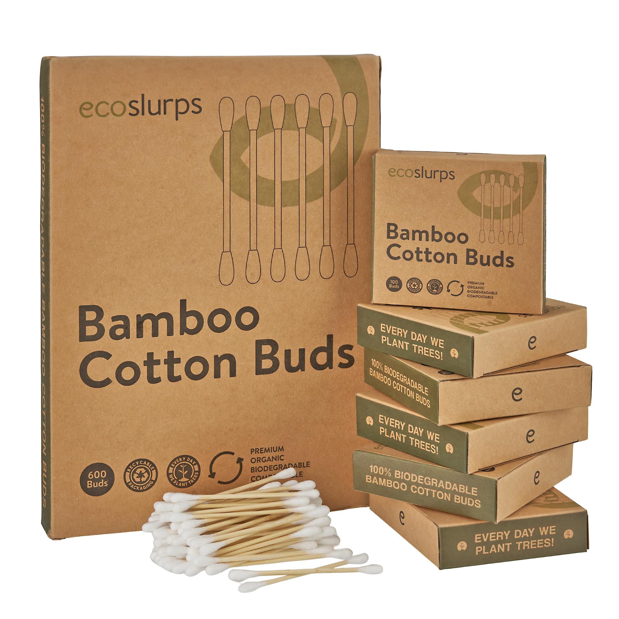 EcoSlurps 600 Bamboo Cotton Buds - British Brand That Plants Trees Every Day - Eco Friendly Cotton swabs, Bud and Qtips (6x100 Cotton Buds)