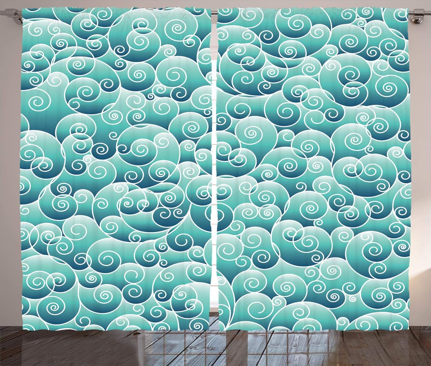 Ambesonne Teal Decor Collection Spirals Swirl Patterns Abstract Waves Wind Ornamental Decorating Artwork Print Living Room Bedroom Curtain 2 Panels