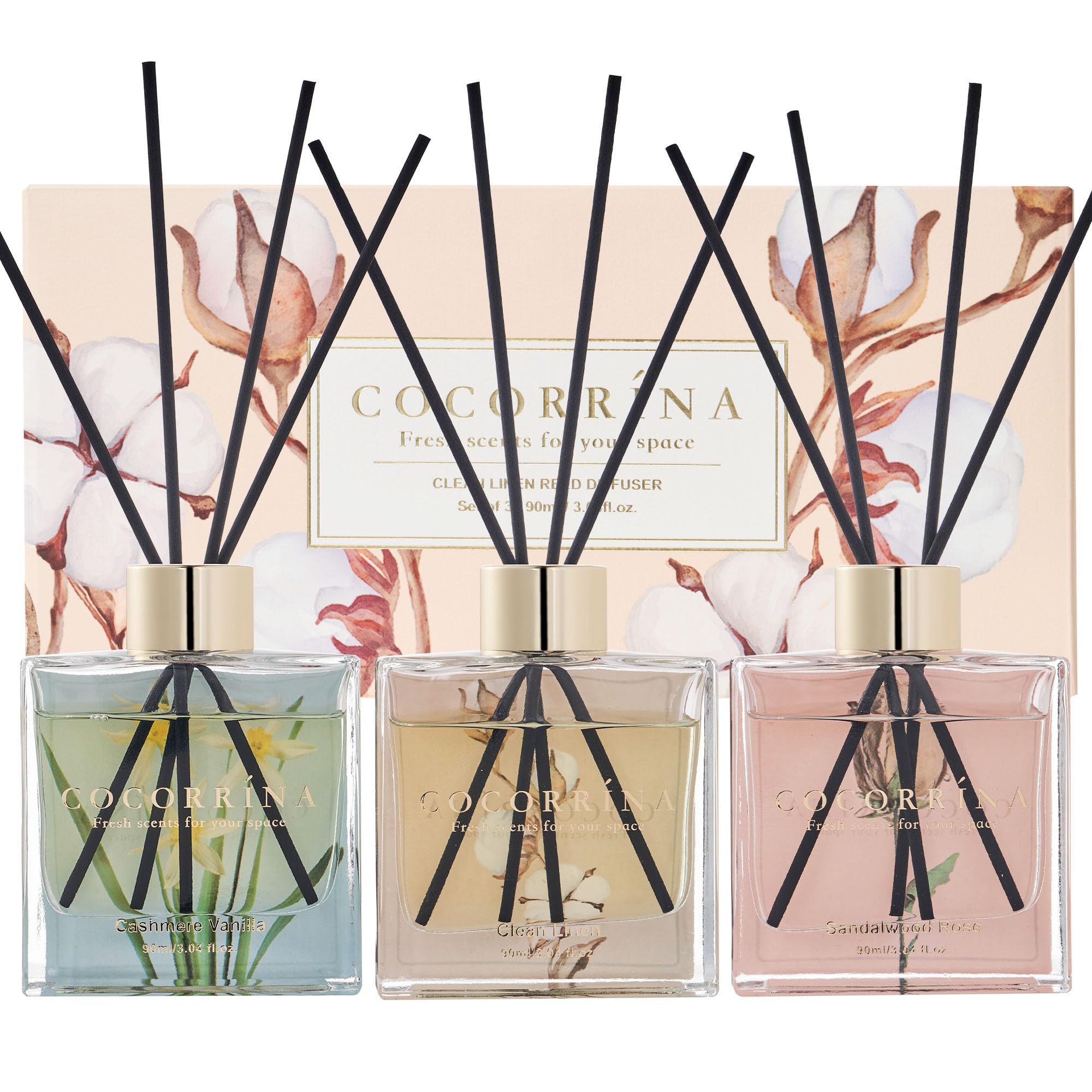 Photo 1 of COCORRÍNA Reed Diffuser Set of 3-3 Pack/ 3.04 Fl.oz Diffuser with 24 Sticks Cashmere Vanilla/Sandalwood Rose/Clean Linen Reed Diffuser for Home Bathroom Office Decor