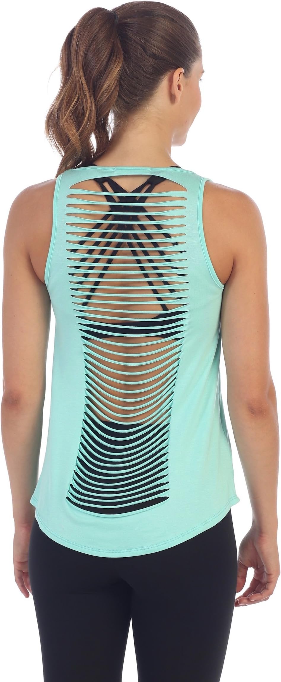 American Fitness Couture Womens Shredded Open Back Yoga Workout Top, Mint XS/S