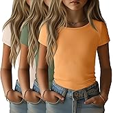 LessonZoo 3 Pack Girls Short Sleeve Shirts Ribbed Knit Cotton Slim Fit T Shirts Basic Boat Neck Tops Casual Summer Tees