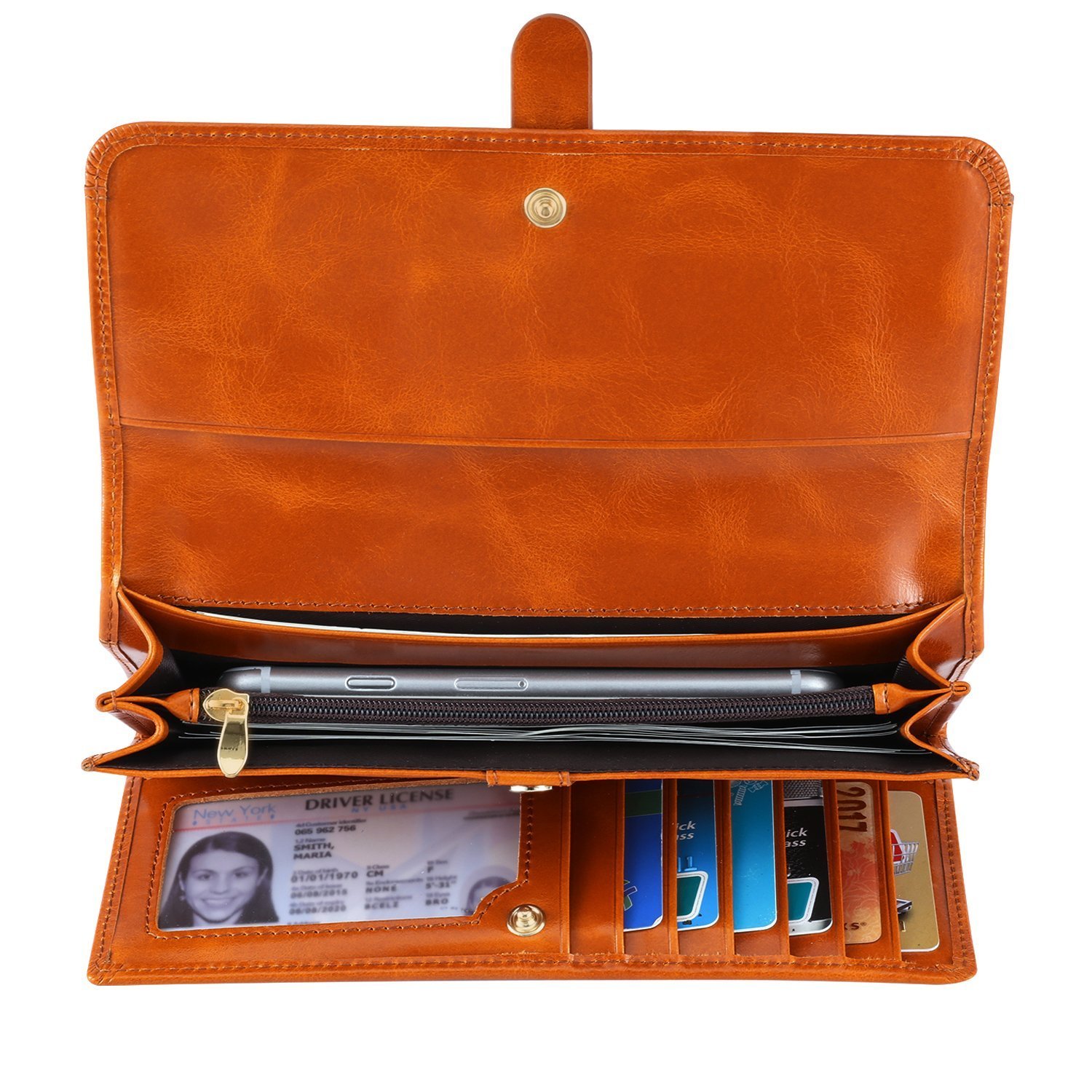 Women\'s Genuine Leather Long Wallet Checkbook Card Organizer Holder Ladies Large Capacity Clutch Purse Brown