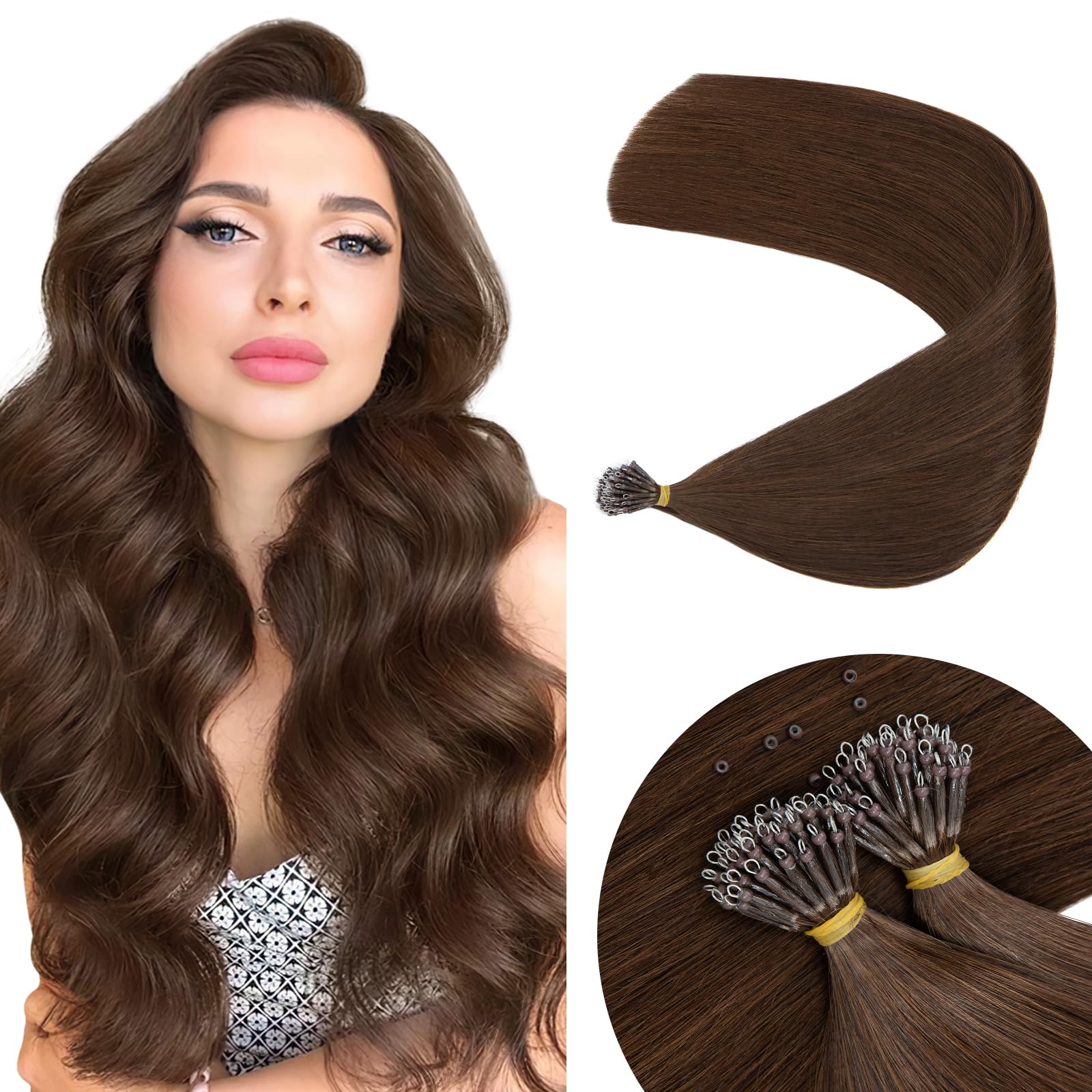 Elailite Nano Ring Extension Real Human Hair Cold Fusion With Nano Beads Remy Hair 50 Strands 50g Straight (#4 Medium Brown, 16 Inch) — image 1