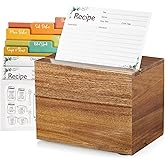 Acacia Wood Recipe Box With 100 Cards & 8 Dividers - Double Compartment Kitchen Organizer