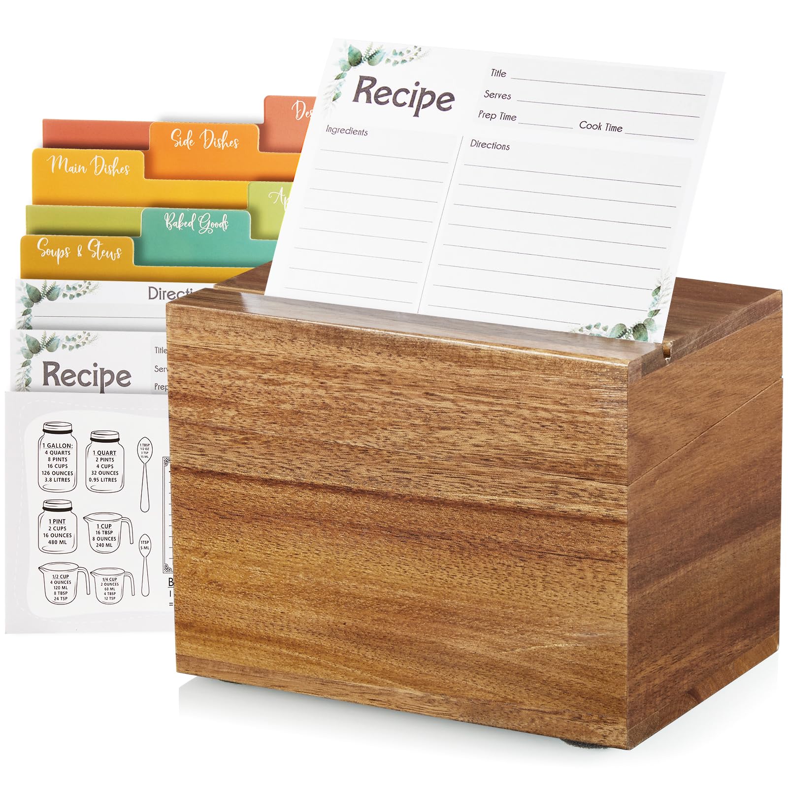 Photo 1 of DRASTAR Acacia Wood Recipe Box, Recipe Holder with 100 Cards and 6 Dividers, 4x6 Recipe Card Box Set, Index Card Box