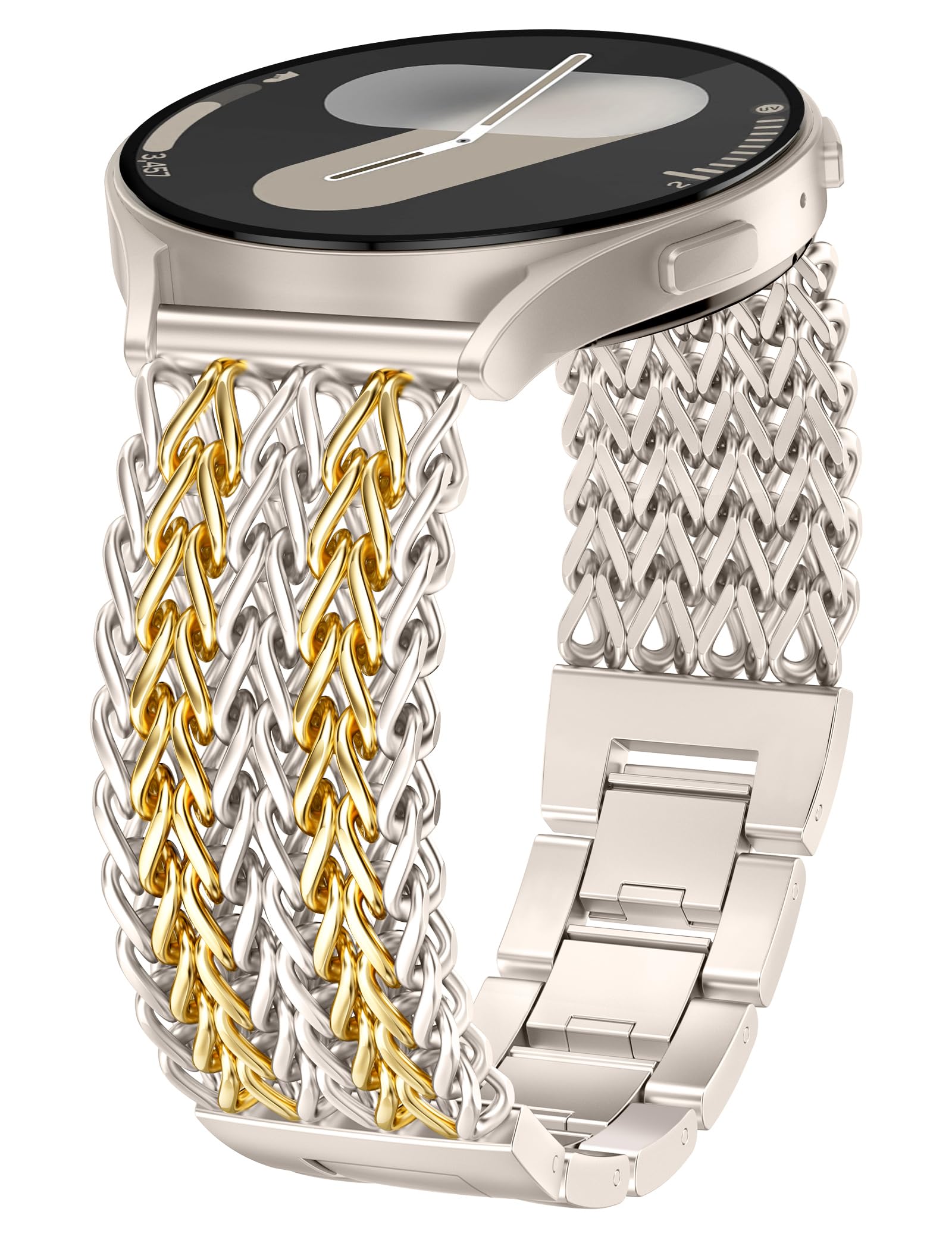 Minyee Compatible with Samsung Galaxy Watch 7 6 5 4 FE 40mm 44mm/Watch 6 Classic 43mm 47mm/Watch 5 Pro 45mm Bands Women, 20mm Dressy Stainless Steel Metal Multi-Chain Designer Strap, Starlight/Gold