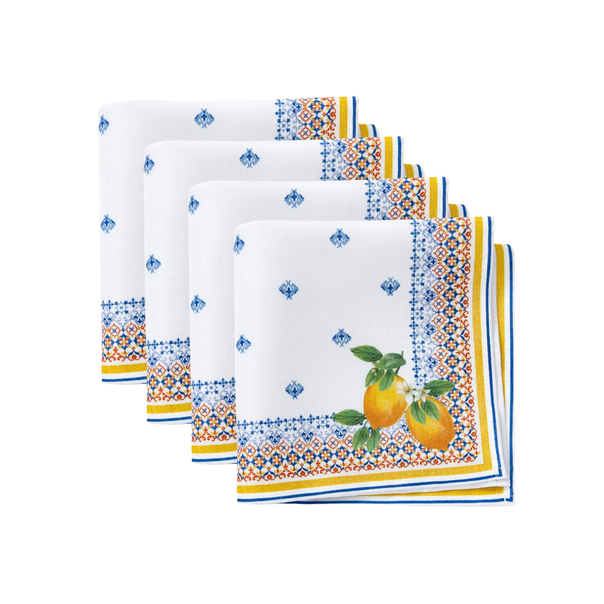 Elrene Home Fashions Capri Lemon Double-Bordered Mediterranean Cloth Napkins, 17 Inches by 17 Inches, Set of 4