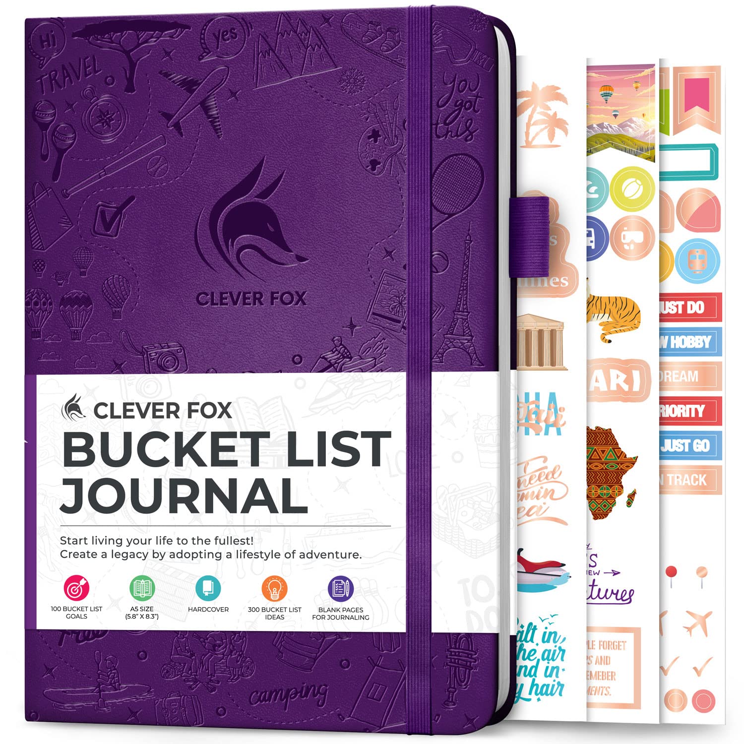 Clever Fox Bucket List Journal – Inspiring Travel Book for Memories & Adventures – Motivational Notebook for Personal Use & Couples – A5, 14 x 21cm - Purple