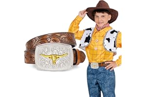 JKEEMI Boys Girls Western Belt with 2.4" Width Longhorn Bull Horse Buckle, Kids Cowboy Cowgirl Genuine Leather Belt