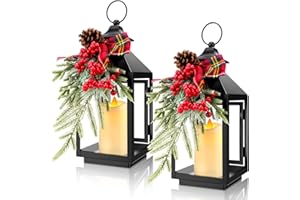 HONOSON 2 Pcs 14 Inch Christmas Lanterns Decorative Outdoor for Porch with LED Candle Pine Cones Holly Berry Metal Hanging Vintage Lantern with Plaid Ribbon Bow for Indoor Home Table Deco(Pine Cone)