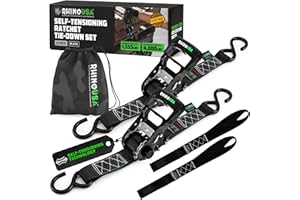 Rhino USA Self Tensioning Ratchet Tie Down Straps (2PK 1.6INX8FT)- Heavy Duty Patented Cargo Strap Keeps Tension When Your Load Shifts - Used for Motorcycle, ATV, UTV, Truck, General Cargo & More