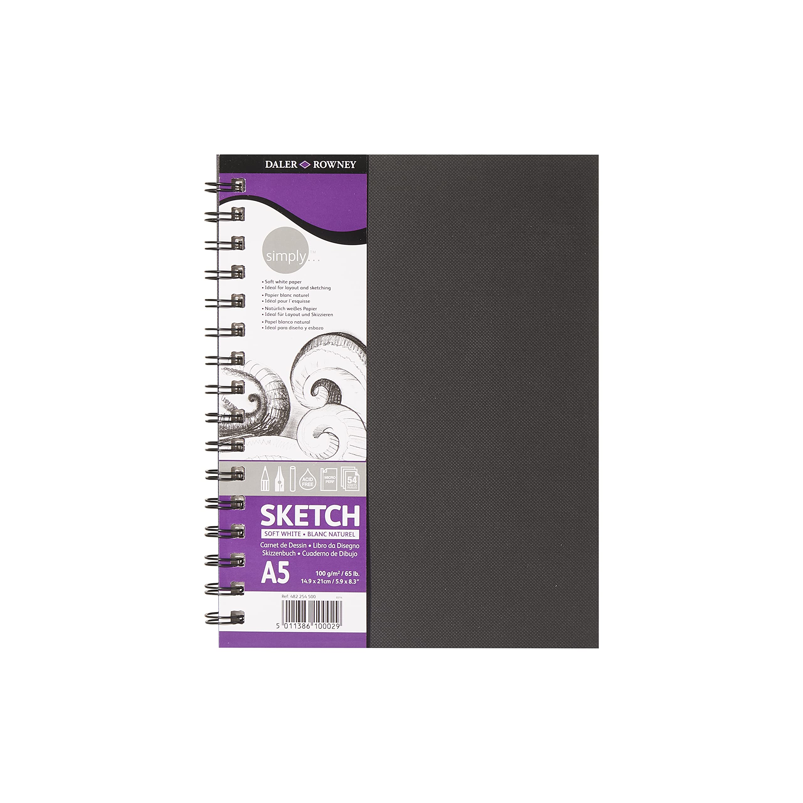 Daler-Rowney Simply Medium Grain 100gsm A5 Hardback Spiral Bound Sketchbook, 54 Soft White Sheets, Ideal for Entry-Level Artists & Hobbyists