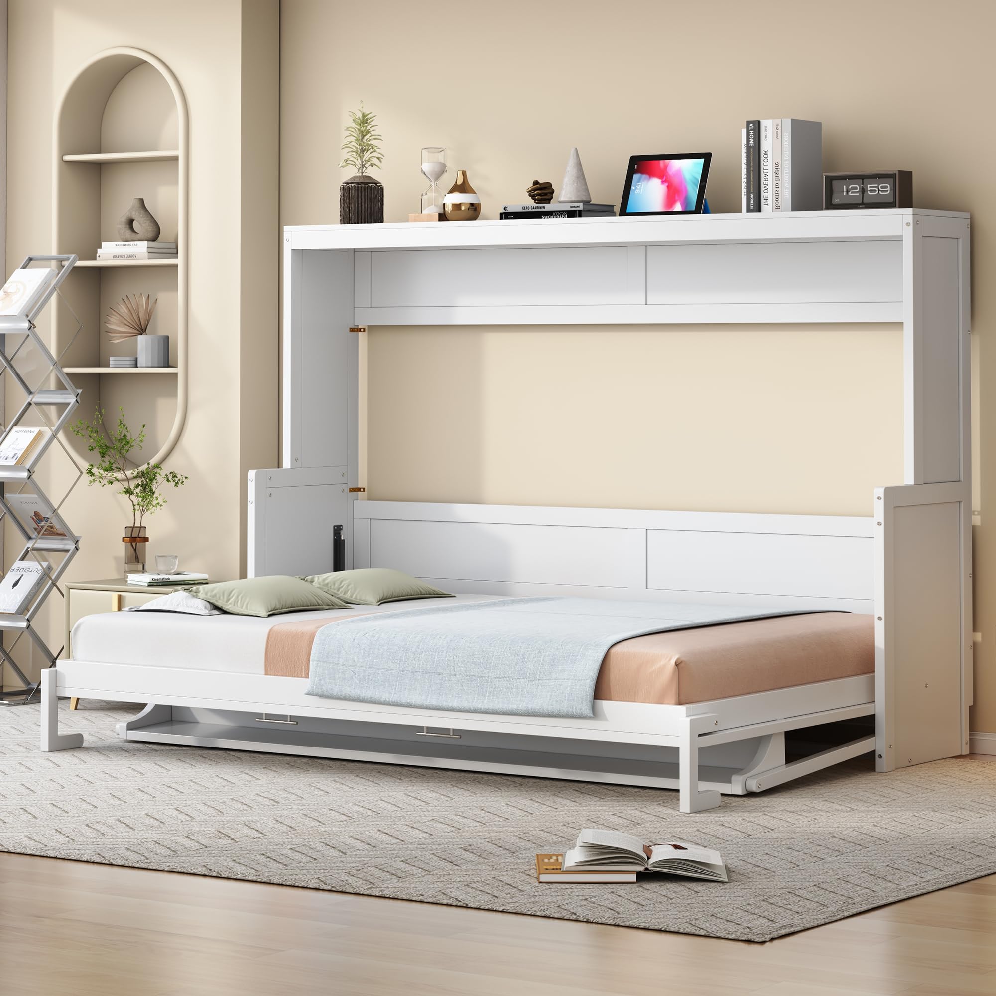 Photo 1 of Ball & Cast Horizontal Murphy Bed Queen Size,Hidden Folding Wall Bed Frame with Hydraulic Lift&Desk,Wood Cabinet Platform Bed can be Folded into Desk,Space Saving for Bedroom,Guest Room,White