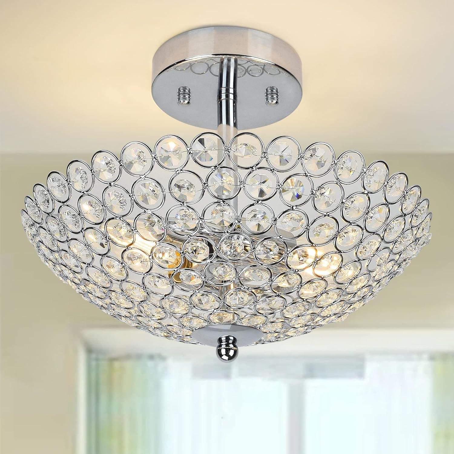 Depuley Modern LED Crystal Ceiling Lights, 2-Light Bowl Shape Chandeliers with K9 Crystal Beads, Luxurious Semi Flush Mount Light for Living Room, Bedroom