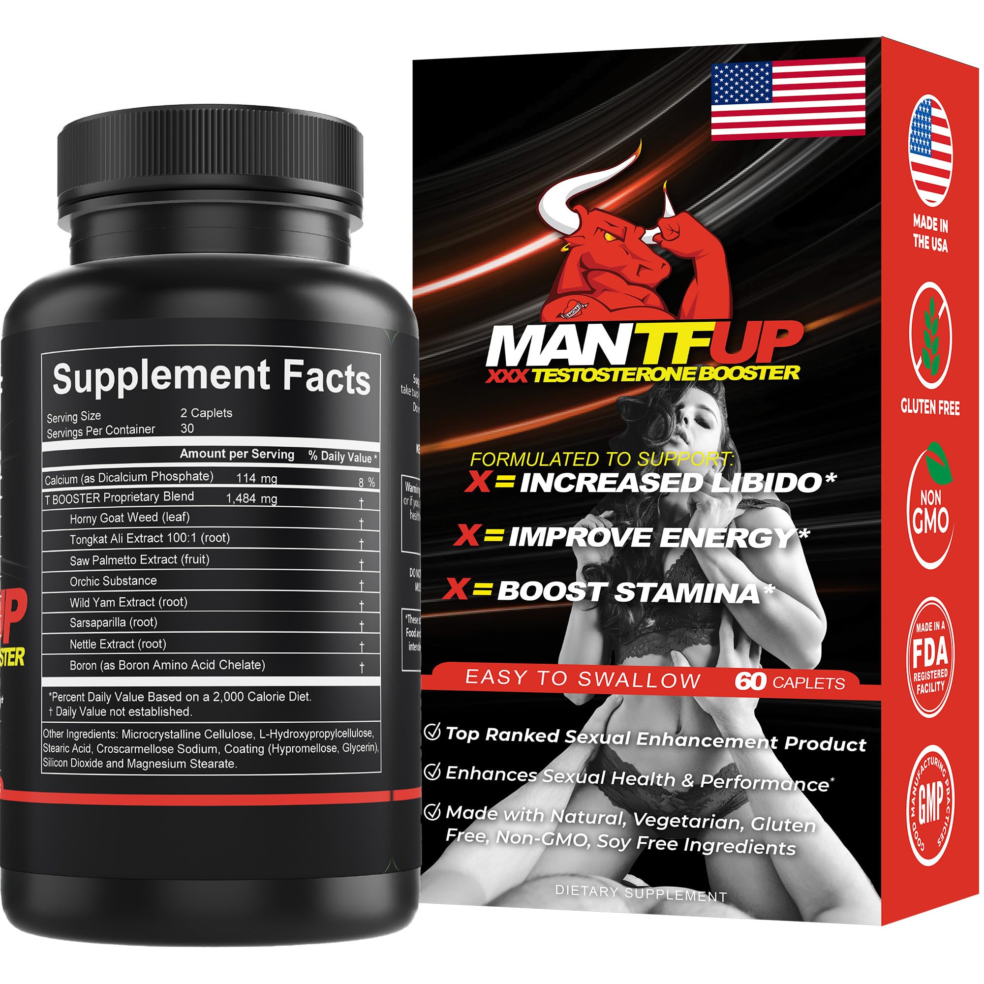 Vitality Enhancer for Men | Fast-Acting Testosterone Booster & Daily Supplement to Support Male Health & Libido | Potenciadores de Testosterona | Made in USA (1 Month Supply, 60 Caplets)