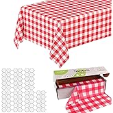 KAshack 54 in X 98.4 Ft Plastic table cloth Roll disposable Red and White Gingham Tablecloth with Slide Cutter Box for rectangle round Tables,Picnic,Camping,Party,Happy Birthdays,[with Fixed stickers]
