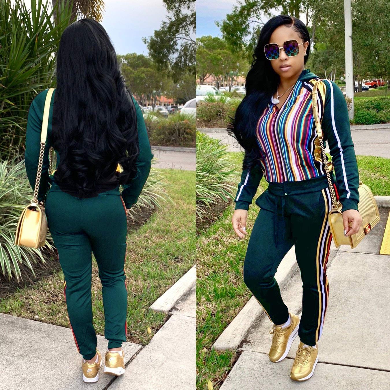 Women\'s Rainbow Stripe Sweatsuits - Fashion Front Zip up Hoodied Jogging Suits Medium Green